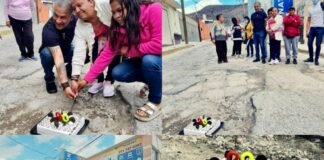 Realizan vecinos de Pachuca, una “dulce protesta”, al cortar pastel para celebrar 20 años de un bache.