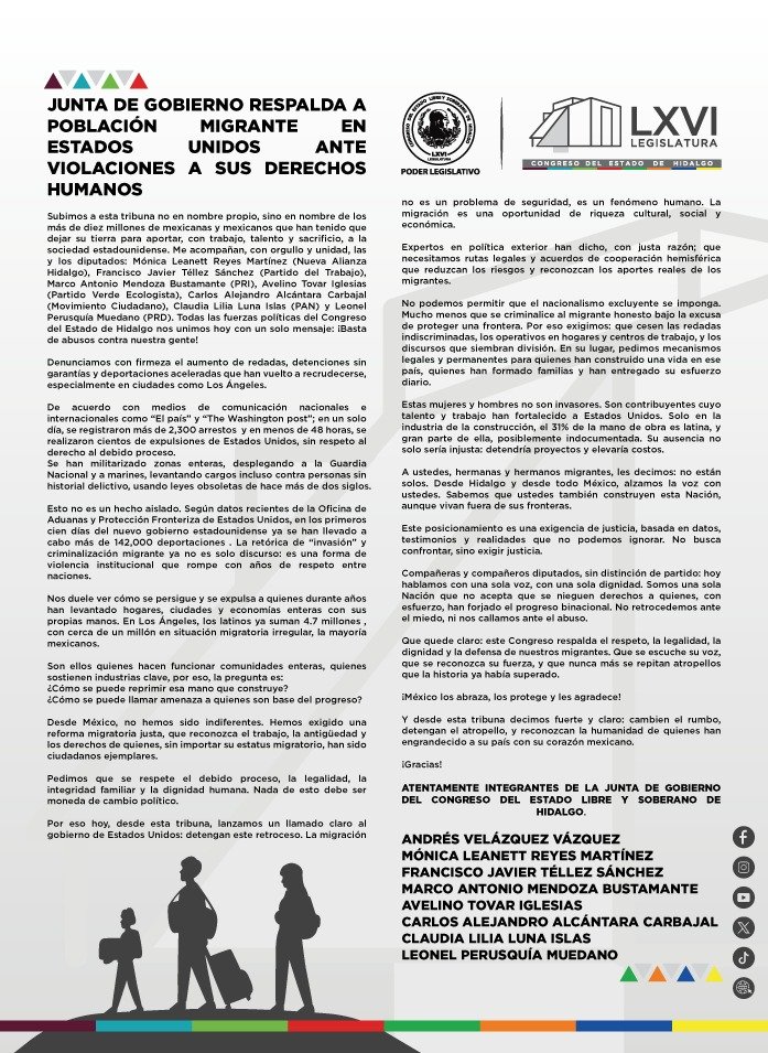 Posicionamiento de los diputados de Hidalgo ante la situación que viven los migrantes en Estados Unidos.