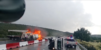 Choque múltiple e incendio de grúa paralizan Arco Norte, tramo Ajoloapan-Pachuca